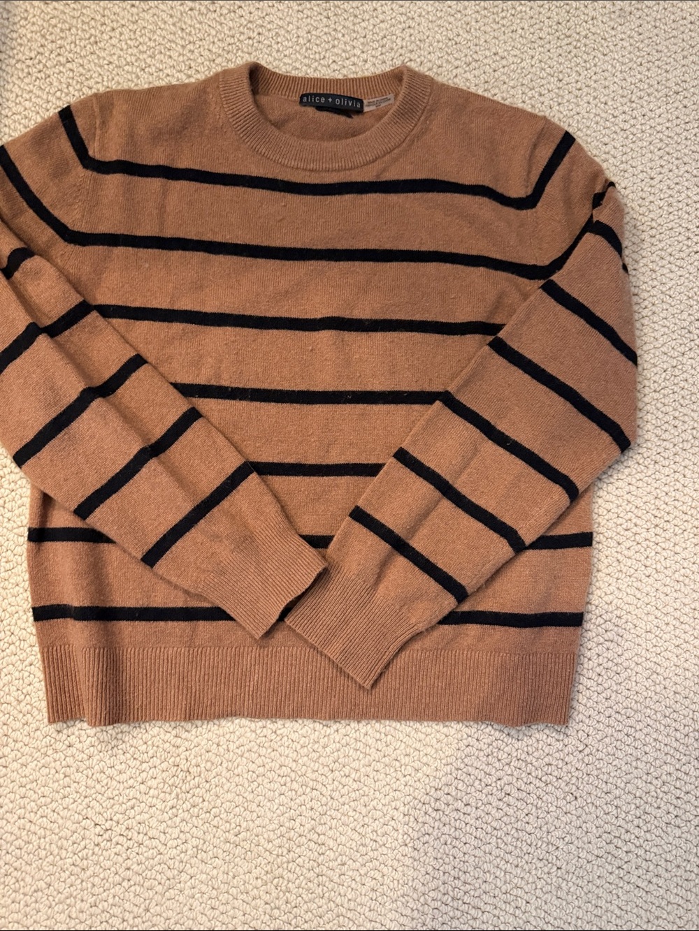 Alice + Olivia Camel Crewneck Sweater with Black Stripes